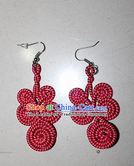 Traditional Chinese Miao Nationality Crafts Jewelry Accessory Classical Earbob Accessories, Hmong Handmade Kinking Palace Lady Red Earrings, Miao Ethnic Minority Weave Eardrop for Women