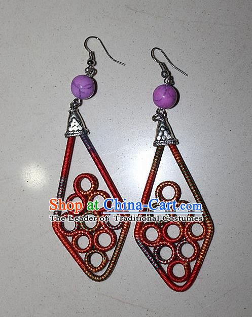 Traditional Chinese Miao Nationality Crafts Jewelry Accessory Classical Earbob Accessories, Hmong Handmade Kinking Palace Lady Earrings, Miao Ethnic Minority Weave Eardrop for Women