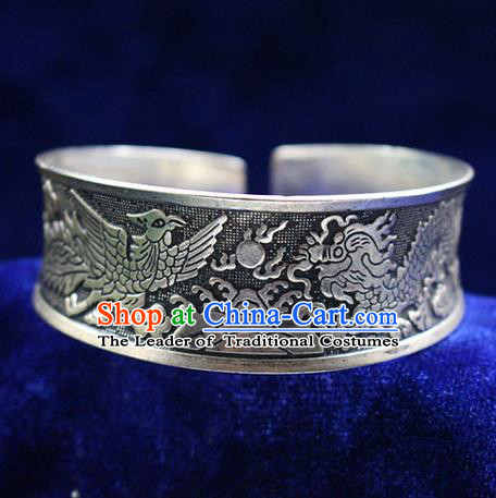 Traditional Chinese Miao Nationality Crafts Jewelry Accessory Bangle, Hmong Handmade Miao Silver Dragon Phoenix Bracelet, Miao Ethnic Minority Silver Bracelet Accessories for Women