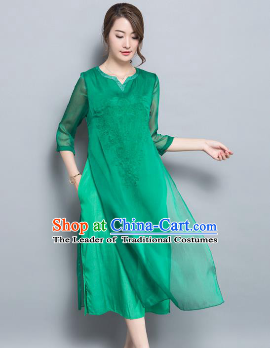 Traditional Ancient Chinese National Costume, Elegant Hanfu Qipao Embroidered Chiffon Dress, China Tang Suit Cheongsam Upper Outer Garment Elegant Green Dress Clothing for Women