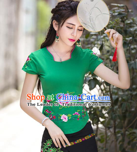 Traditional Ancient Chinese National Costume, Elegant Hanfu Embroidered Peony Flowers Mandarin Collar T-Shirt, China Tang Suit Green Blouse Cheongsam Qipao Shirts Clothing for Women