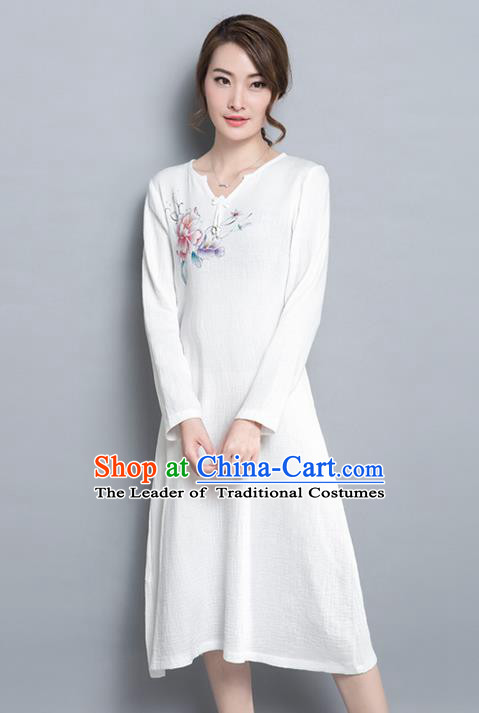 Traditional Ancient Chinese National Costume, Elegant Hanfu Printing Dress, China Tang Suit Cheongsam Upper Outer Garment Elegant White Dress Clothing for Women