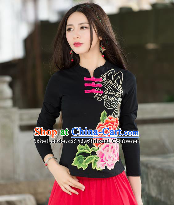 Traditional Ancient Chinese National Costume, Elegant Hanfu Embroidered Peony Flowers Plated Buttons T-Shirt, China Tang Suit Mandarin Collar Black Blouse Cheongsam Qipao Base Shirts Clothing for Women