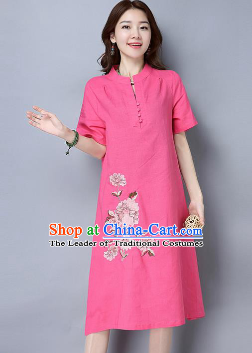 Traditional Ancient Chinese National Costume, Elegant Hanfu Mandarin Collar Qipao Linen Pink Dress, China Tang Suit Cheongsam Upper Outer Garment Elegant Dress Clothing for Women