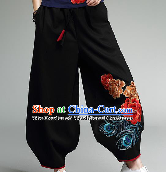 Traditional Chinese National Costume Plus Fours, Elegant Hanfu Embroidered Black Bloomers, China Ethnic Minorities Tang Suit Pantalettes for Women