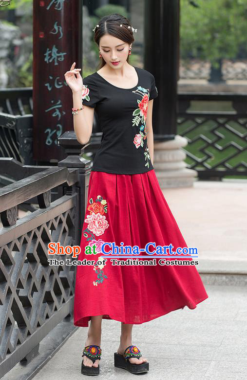 Traditional Ancient Chinese National Costume, Elegant Hanfu Embroidered Peony Black T-Shirt, China Tang Suit Blouse Cheongsam Qipao Shirts Clothing for Women