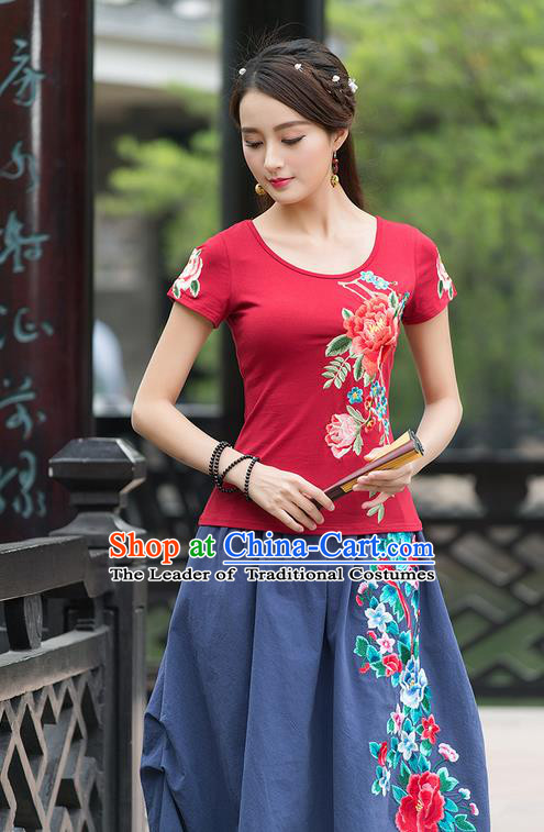 Traditional Ancient Chinese National Costume, Elegant Hanfu Embroidered Peony Red T-Shirt, China Tang Suit Blouse Cheongsam Qipao Shirts Clothing for Women