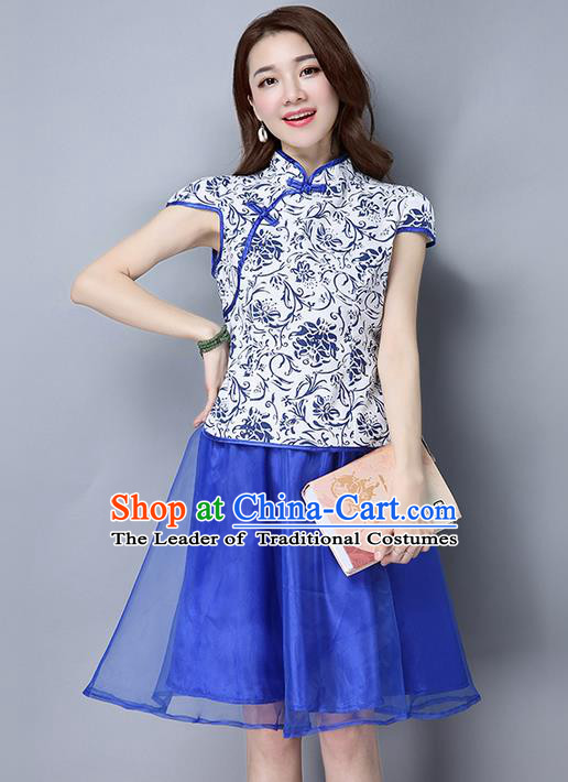 Traditional Ancient Chinese National Costume, Elegant Hanfu Mandarin Qipao Organza Royalblue Dress, China Tang Suit Cheongsam Upper Outer Garment Elegant Dress Clothing for Women