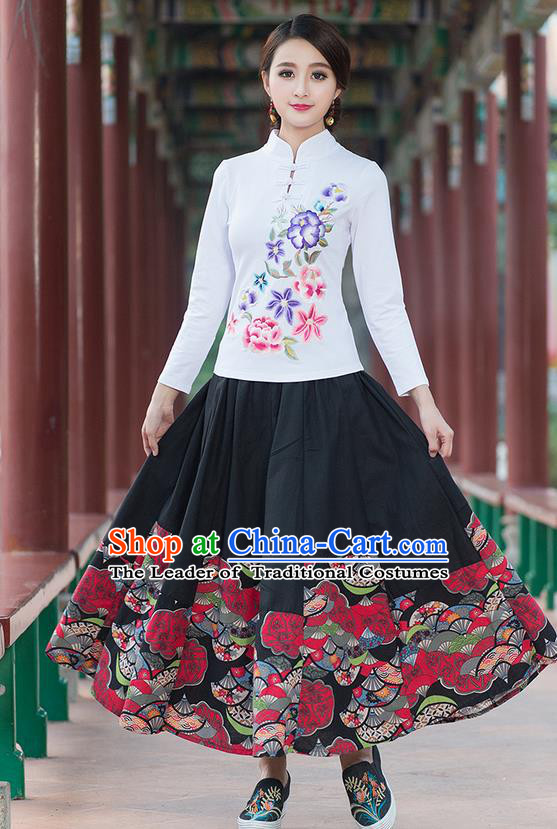 Traditional Chinese National Costume, Elegant Hanfu Embroidery Flowers Stand Collar White T-Shirt, China Tang Suit Plated Buttons Blouse Cheongsam Upper Outer Garment Qipao Shirts Clothing for Women