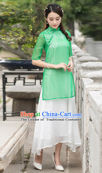 Traditional Ancient Chinese National Costume, Elegant Hanfu Mandarin Qipao Double-deck Dress, China Tang Suit Green Cheongsam Upper Outer Garment Elegant Dress Clothing for Women