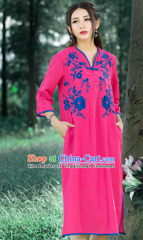 Traditional Ancient Chinese National Costume, Elegant Hanfu Mandarin Qipao Linen Embroidered Chirpaur Pink Dress, China Tang Suit Cheongsam Upper Outer Garment Elegant Dress Clothing for Women