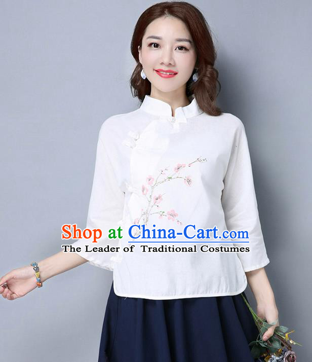 Traditional Chinese National Costume, Elegant Hanfu Embroidery Stand Collar White Shirt, China Tang Suit Plated Buttons Blouse Cheongsam Upper Outer Garment Qipao Shirts Clothing for Women