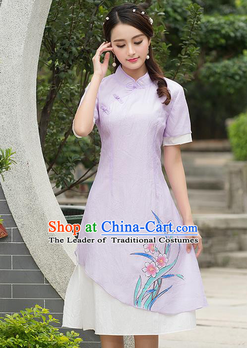 Traditional Ancient Chinese National Costume, Elegant Hanfu Print Orchild Flowers Madarin Qipao Dress, China Style Chirpaur Tang Suit Cheongsam Upper Outer Garment Elegant Dress Clothing for Women