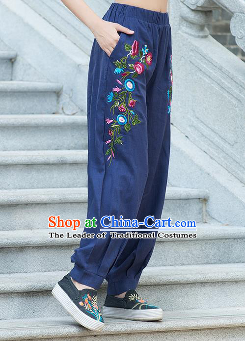 Traditional Chinese National Costume Plus Fours, Elegant Hanfu Embroidered Navy Bloomers, China Ethnic Minorities Tang Suit Pantalettes for Women