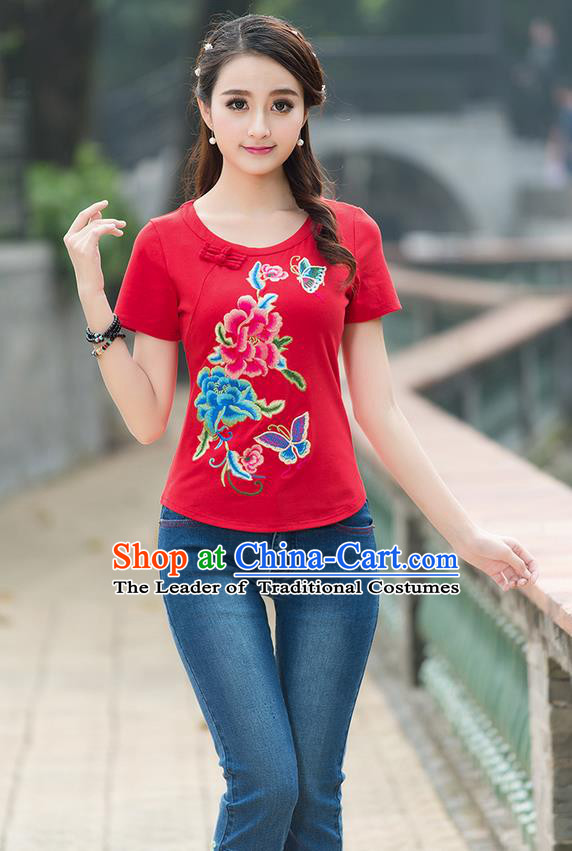 Traditional Chinese National Costume, Elegant Hanfu Embroidery Flowers Round Collar Red T-Shirt, China Tang Suit Plated Buttons Blouse Cheongsam Upper Outer Garment Shirts Clothing for Women