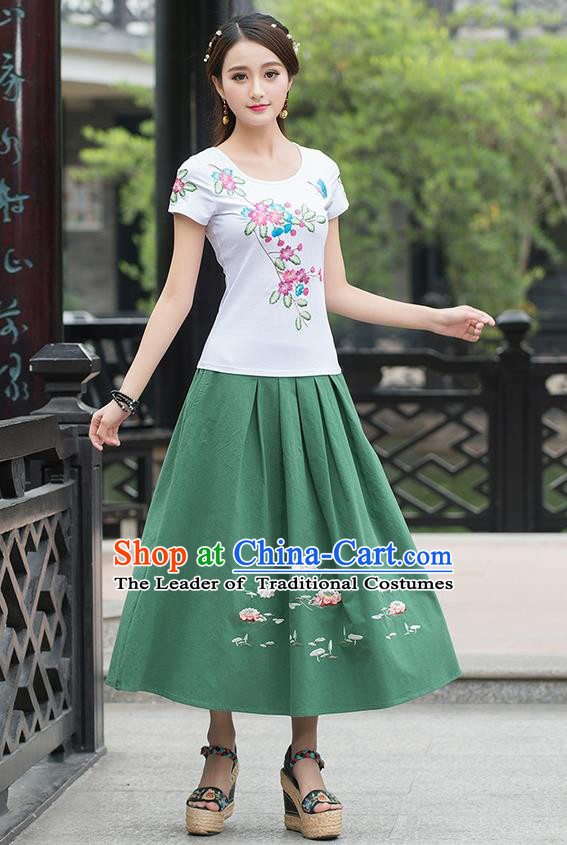 Traditional Ancient Chinese National Pleated Skirt Costume, Elegant Hanfu Embroidered Linen Long Green Dress, China Tang Suit Big Swing Bust Skirt for Women