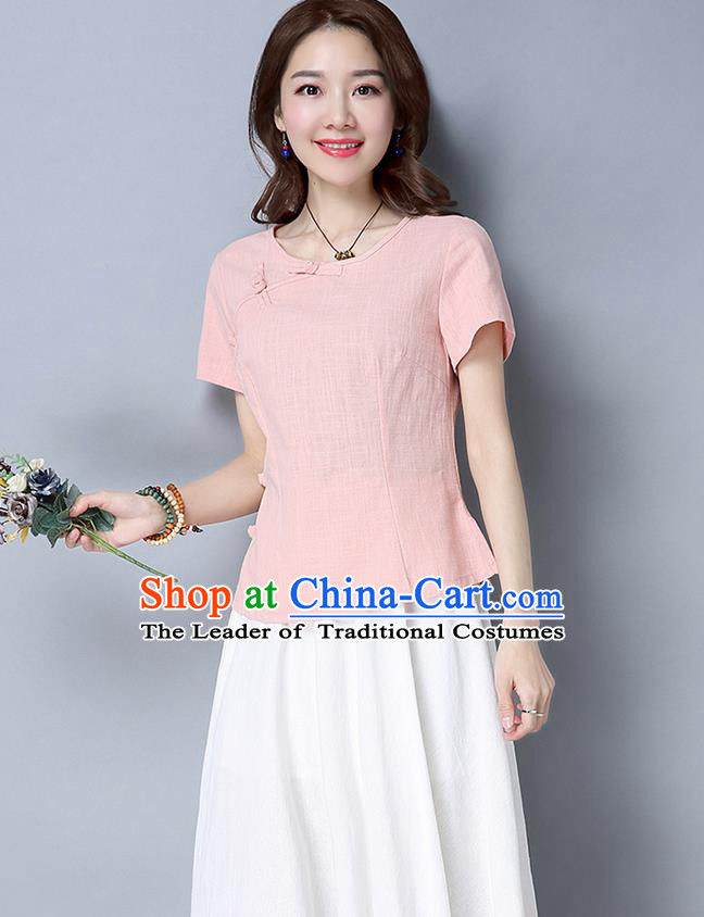 Traditional Chinese National Costume, Elegant Hanfu Slant Opening Pink T-Shirt, China Tang Suit Republic of China Plated Buttons Blouse Cheongsam Upper Outer Garment Qipao Shirts Clothing for Women