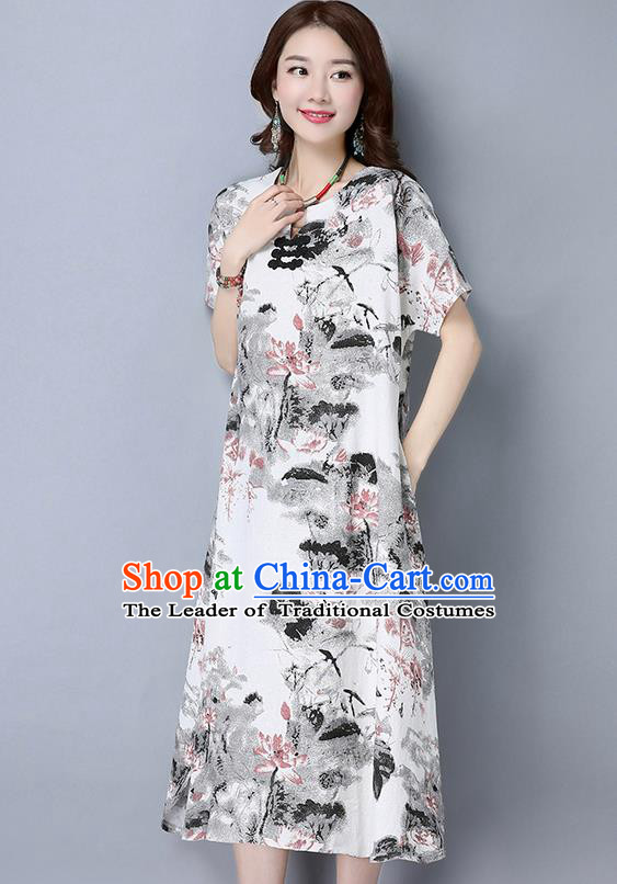 Traditional Ancient Chinese National Costume, Elegant Hanfu Mandarin Qipao Linen Ink Painting Black Dress, China Tang Suit Republic of China Cheongsam Upper Outer Garment Elegant Dress Clothing for Women