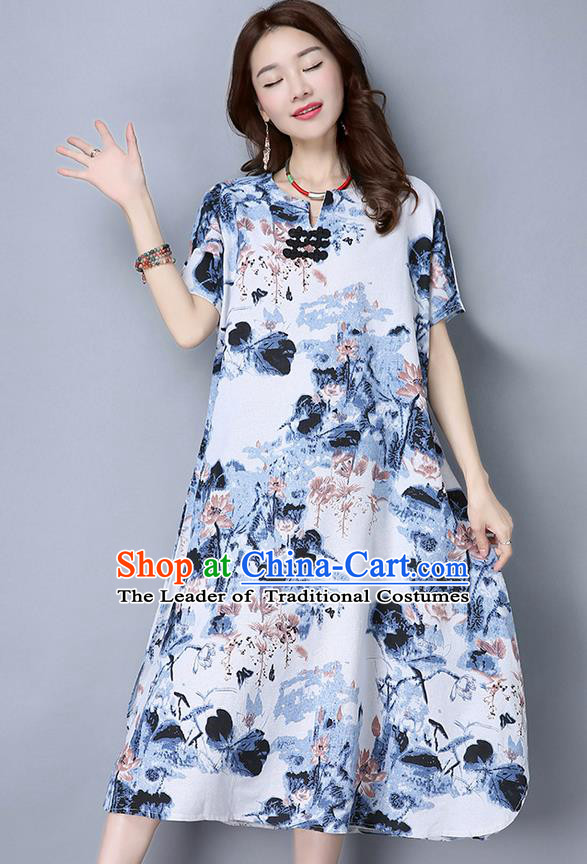 Traditional Ancient Chinese National Costume, Elegant Hanfu Mandarin Qipao Linen Ink Painting Blue Dress, China Tang Suit Republic of China Cheongsam Upper Outer Garment Elegant Dress Clothing for Women