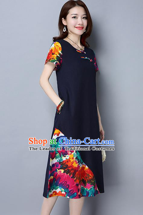 Traditional Ancient Chinese National Costume, Elegant Hanfu Mandarin Qipao Printing Navy Dress, China Tang Suit Chirpaur Republic of China Cheongsam Upper Outer Garment Elegant Dress Clothing for Women