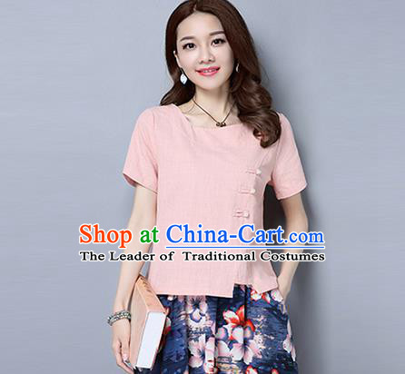 Traditional Chinese National Costume, Elegant Hanfu Slant Opening Pink T-Shirt, China Tang Suit Republic of China Plated Buttons Blouse Cheongsam Upper Outer Garment Qipao Shirts Clothing for Women