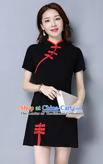 Traditional Ancient Chinese National Costume, Elegant Hanfu Mandarin Qipao Linen Black Dress, China Tang Suit Plated Buttons Short Chirpaur Republic of China Cheongsam Upper Outer Garment Elegant Dress Clothing for Women