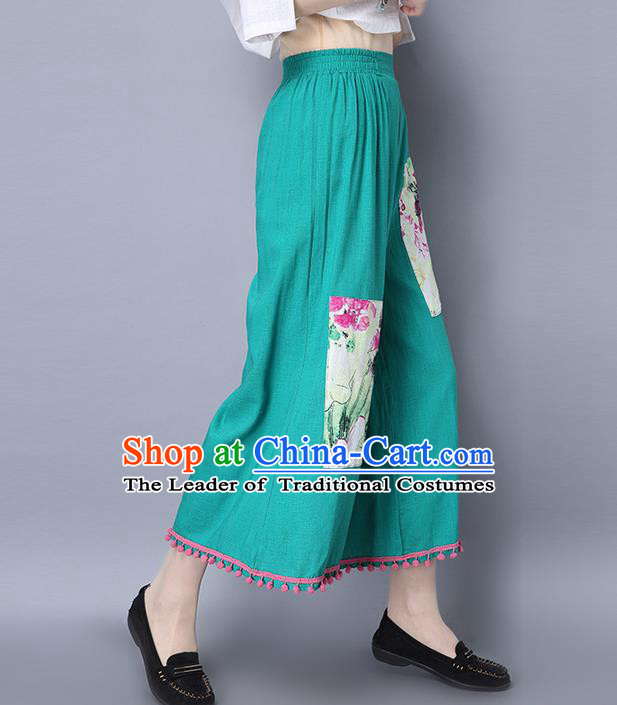 Traditional Chinese National Costume Loose Pants, Elegant Hanfu Green Wide-leg Trousers, China Ethnic Minorities Folk Dance Baggy Pants for Women