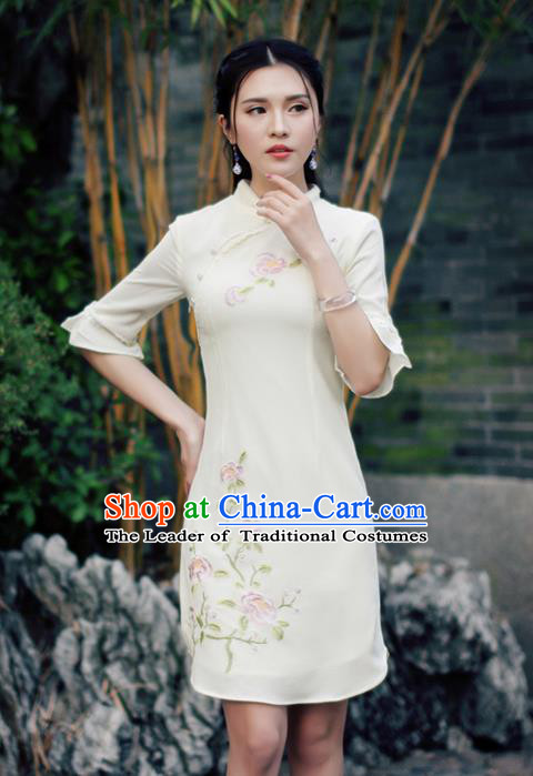 Traditional Ancient Chinese National Costume, Elegant Hanfu Mandarin Qipao Mandarin Sleeve Apricot Dress, China Tang Suit Chirpaur Republic of China Cheongsam Upper Outer Garment Elegant Dress Clothing for Women