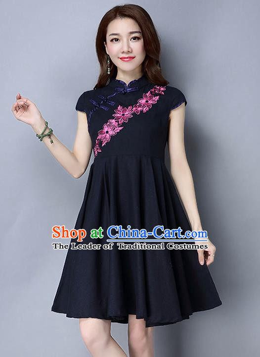 Traditional Ancient Chinese National Costume, Elegant Hanfu Mandarin Qipao Embroidery Navy Dress, China Tang Suit Chirpaur Republic of China Cheongsam Upper Outer Garment Elegant Dress Clothing for Women