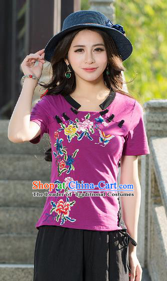 Traditional Chinese National Costume, Elegant Hanfu Embroidery Butterfly Flowers Purple T-Shirt, China Tang Suit Republic of China Plated Buttons Blouse Cheongsam Upper Outer Garment Qipao Shirts Clothing for Women