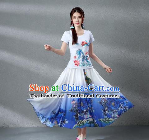 Traditional Ancient Chinese National Pleated Skirt Costume, Elegant Hanfu Chiffon Peacock Feathers Painting Peony Dress, China Tang Dynasty Big Swing Bust Skirt for Women