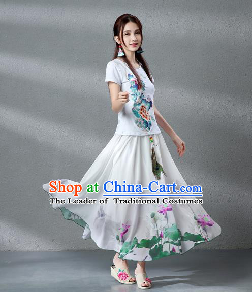 Traditional Ancient Chinese National Pleated Skirt Costume, Elegant Hanfu Chiffon Peacock Feathers Painting Lotus White Dress, China Tang Dynasty Big Swing Bust Skirt for Women