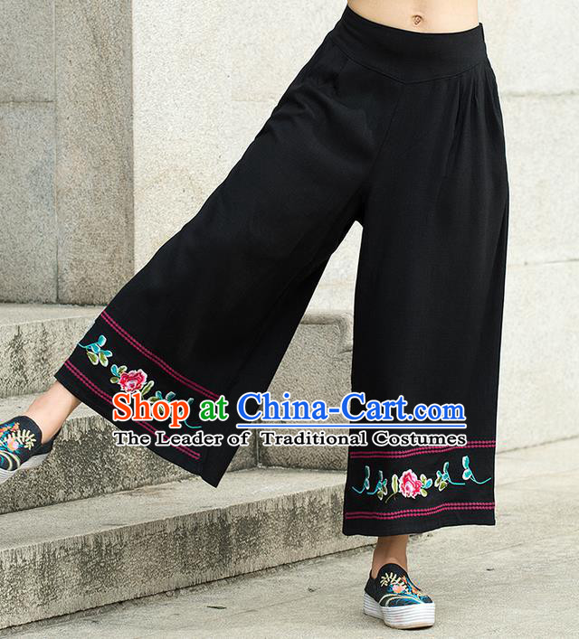 Traditional Chinese National Costume Loose Pants, Elegant Hanfu Embroidered Black Wide-leg Trousers, China Ethnic Minorities Folk Dance Baggy Pants for Women