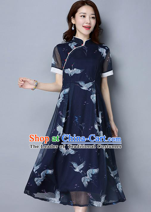 Traditional Ancient Chinese National Costume, Elegant Hanfu Mandarin Qipao Printing Crane Navy Dress, China Tang Suit Chirpaur Republic of China Cheongsam Upper Outer Garment Elegant Dress Clothing for Women