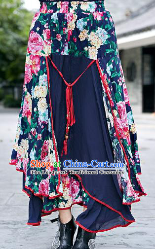 Traditional Ancient Chinese National Pleated Skirt Costume, Elegant Hanfu Big Swing Long Navy Dress, China National Minority Bust Skirt for Women