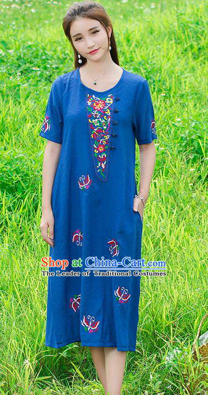 Traditional Ancient Chinese National Costume, Elegant Hanfu Mandarin Qipao Linen Embroidery Blue Dress, China Tang Suit Upper Outer Garment Elegant Dress Clothing for Women