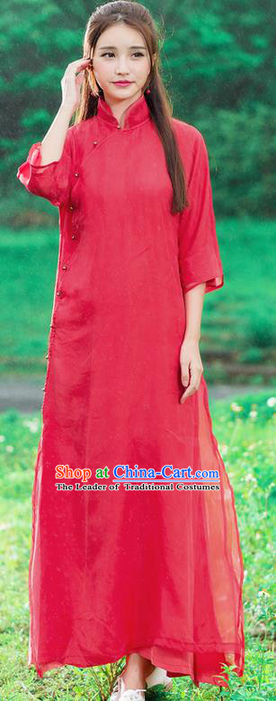 Traditional Ancient Chinese National Pleated Skirt Costume, Elegant Hanfu Organza Slant Opening Long Red Dress, China Tang Suit Stand Collar Chirpaur Republic of China Cheongsam Upper Outer Garment Elegant Dress Clothing for Women