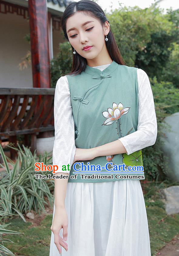 Traditional Chinese National Costume, Elegant Hanfu Painting Lotus Stand Collar Green Vest Shirt, China Tang Suit Republic of China Plated Buttons Blouse Cheongsam Upper Outer Garment Qipao Waistcoat Clothing for Women