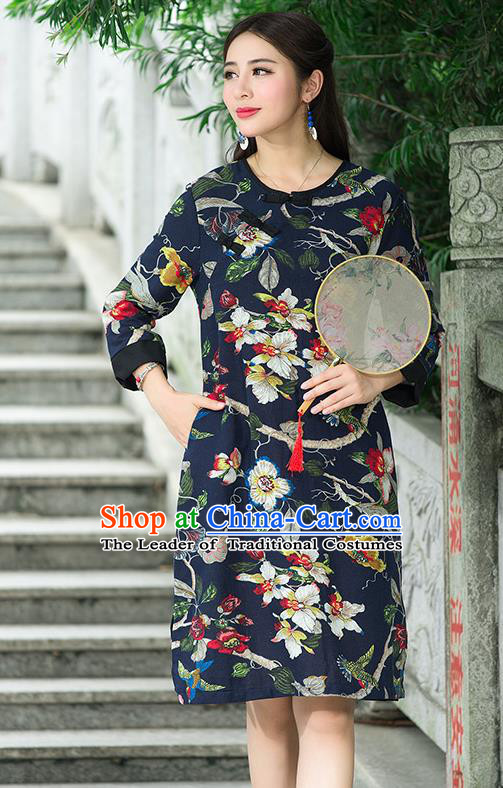 Traditional Ancient Chinese National Costume, Elegant Hanfu Mandarin Qipao Linen Painting Black Dress, China Tang Suit Chirpaur Republic of China Stand Collar Cheongsam Upper Outer Garment Elegant Dress Clothing for Women