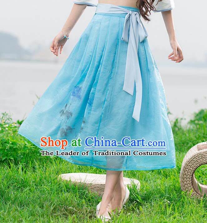 Traditional Ancient Chinese National Pleated Skirt Costume, Elegant Hanfu Chiffon Long Blue Dress, China Tang Dynasty Bust Skirt for Women