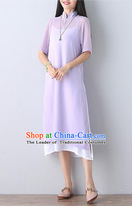 Traditional Ancient Chinese National Costume, Elegant Hanfu Mandarin Qipao Stand Collar Two-Piece Purple Chiffon Dress, China Tang Suit Plated Buttons Chirpaur Republic of China Cheongsam Upper Outer Garment Elegant Dress Clothing for Women