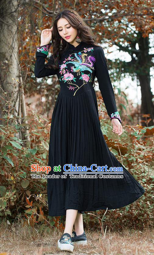 Traditional Ancient Chinese National Costume, Elegant Hanfu Mandarin Qipao Linen Embroidery Phoenix Black Dress, China Tang Suit National Minority Dance Elegant Dress Clothing for Women