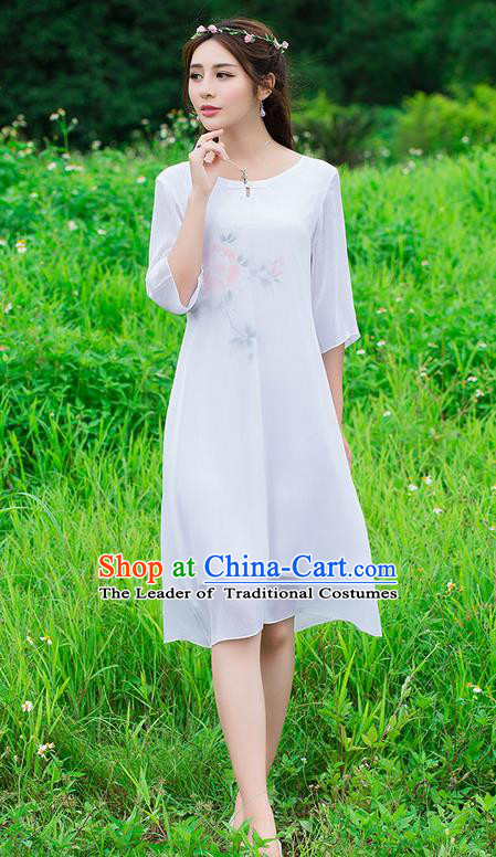 Traditional Ancient Chinese National Costume, Elegant Hanfu Mandarin Qipao Hand Painting White Dress, China Tang Suit National Minority Dance Chirpaur Republic of China Cheongsam Upper Outer Garment Elegant Dress Clothing for Women