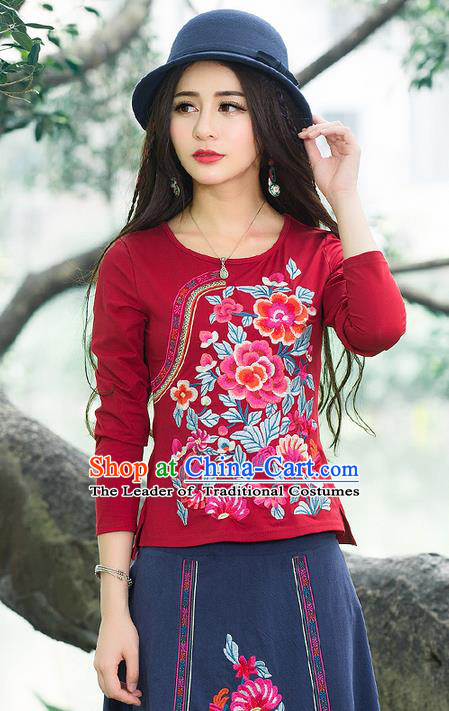 Traditional Chinese National Costume, Elegant Hanfu Embroidery Flowers Slant Opening Red T-Shirt, China Tang Suit Republic of China Blouse Cheongsam Upper Outer Garment Qipao Shirts Clothing for Women