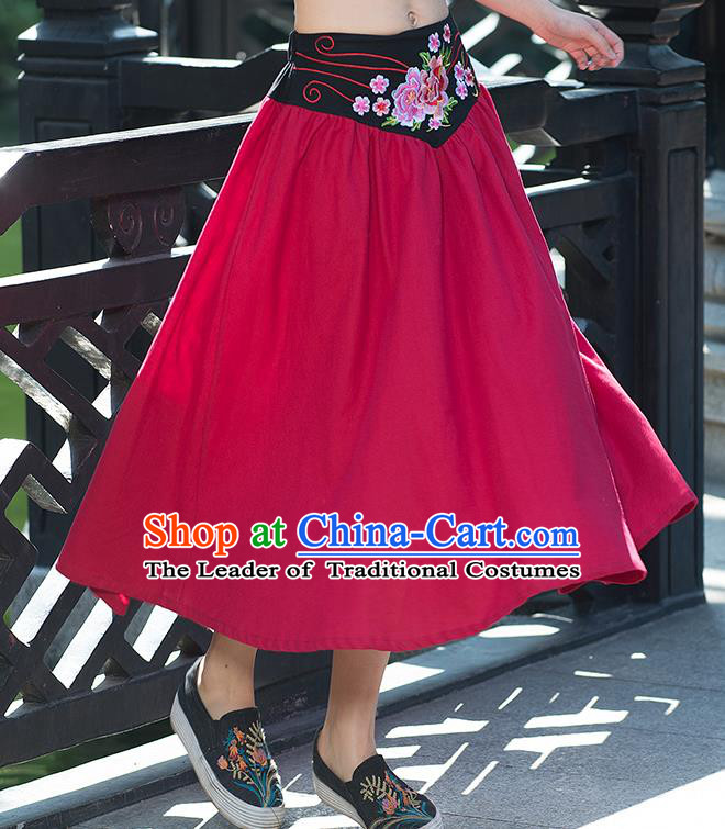 Traditional Ancient Chinese National Pleated Skirt Costume, Elegant Hanfu Embroidery Flowers Belt Long Red Skirt, China Tang Suit Bust Skirt for Women