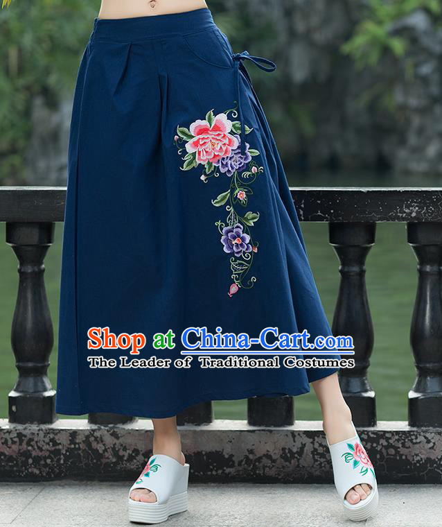 Traditional Ancient Chinese National Pleated Skirt Costume, Elegant Hanfu Embroidery Peony Flowers Long Navy Linen Skirt, China Tang Suit Bust Skirt for Women