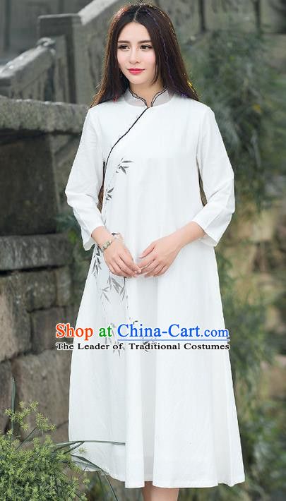 Traditional Ancient Chinese National Costume, Elegant Hanfu Mandarin Qipao Painting Bamboo White Dress, China Tang Suit Chirpaur Republic of China Stand Collar Cheongsam Elegant Dress Clothing for Women