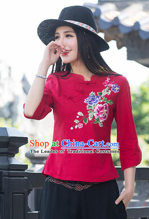 Traditional Chinese National Costume, Elegant Hanfu Embroidery Flowers Slant Opening Red Blouses, China Tang Suit Republic of China Plated Buttons Linen Blouse Cheongsam Upper Outer Garment Qipao Shirts Clothing for Women