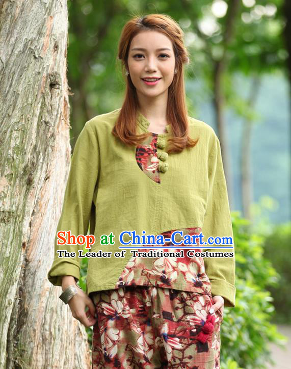 Traditional Chinese National Costume, Elegant Hanfu Joint Color Flowers Linen Plated Buttons Fruit Green T-Shirt, China Tang Suit Blouse Cheongsam Upper Outer Garment Qipao Shirts Clothing for Women