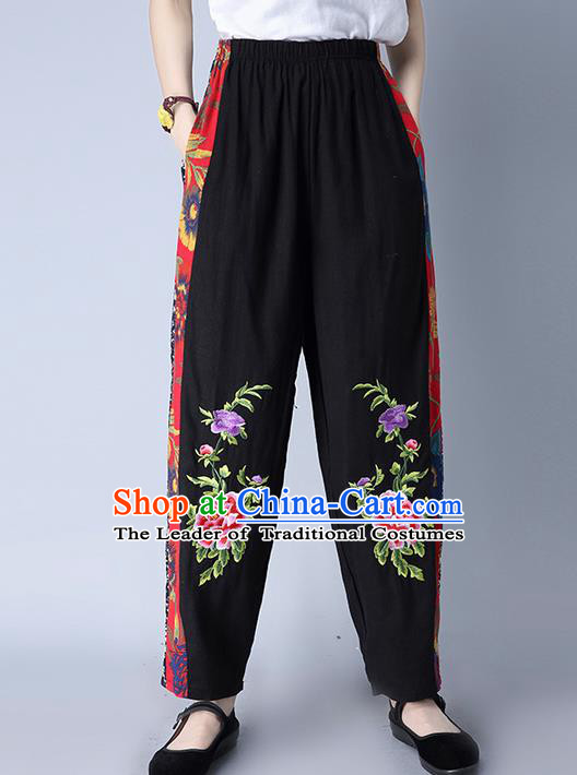 Traditional Chinese National Costume Plus Fours, Elegant Hanfu Patch Embroidery Peony Black Bloomers, China Ethnic Minorities Folk Dance Tang Suit Pantalettes for Women